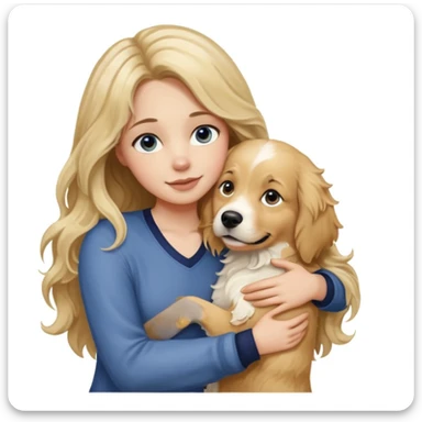 20-year-old woman with very long, wavy, blonder dirty blonde hair with brown highlights and dark blue eyes, hugging an English cream golden retriever, sunset background, affectionate and playful sticker