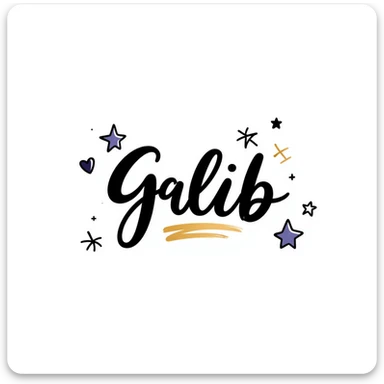 Galib in elegant cursive and bold mix, dreamy purple blue gold gradient, surrounded by sparkles, hearts, stars, and aesthetic emojis, romantic luxurious whimsical nameplate sticker