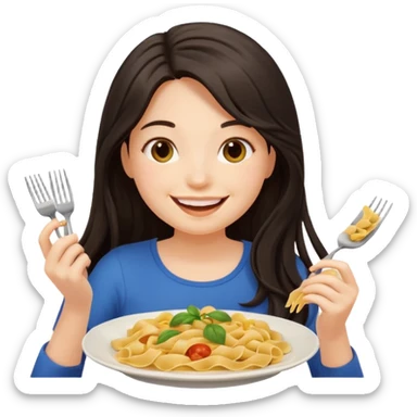 chica joven con piel clara y pelo oscuro largo comiendo un plato de pasta que parezca un emoji de iphone (sistema ios) sticker