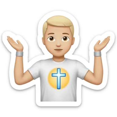 A person with the arms opened and extended forming a cross with their arms and body with t-shirt sticker