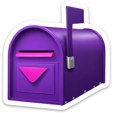 Mailbox is mostly dark purple. His face is on his door, which is a lighter shade of purple and has a silver latch at the top. He has a bright pink flag, which is connected to him with a small purple bolt. sticker