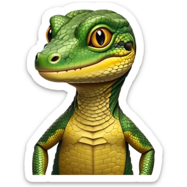 cinematic-realistic-cute-monitor-lizard-portrait-emoji,-head-tilted-playfully-and-inquisitively,-featuring-a-compact,-agile-body-with-finely-detailed,-glossy-scales-in-earthy-olive-hues-and-a-distinct,-alert-face-with-bright,-curious-eyes, black , yellow spotted and green band  scales sticker