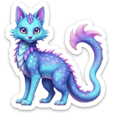 Kawaii dark gloomy pastel shiny soft smooth glossy scaley bio-luminescent abyssal colorful edgy fantasy ethereal feline-vernid-sergal-fursona animal creature with a tufted tail full body sticker