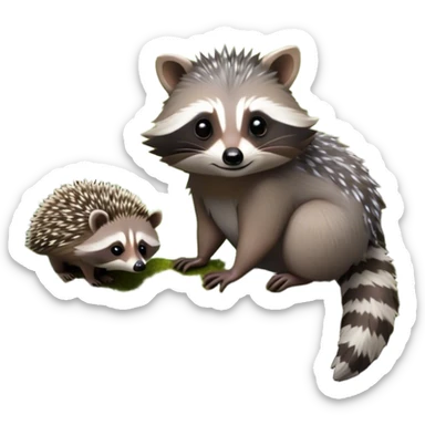 Collage of an exotic raccoon and a hedgehog, both curiously exploring a forest setting with moss and small flowers. The raccoon is perched on a tree branch, and the hedgehog is nestled in the underbrush. Vibrant nature backdrop. Transparent background. sticker