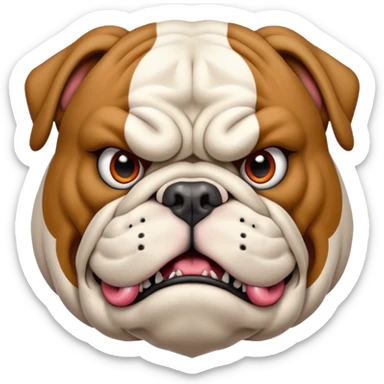 Create a fierce bulldog head emoji facing forward.
Strong jaw, deep wrinkles, and an intense scowl.
Small folded ears, sharp focused eyes, slight underbite with two visible fangs.
Style: modern esport mascot — clean lines, high contrast, intimidating but iconic.
Transparent background. sticker