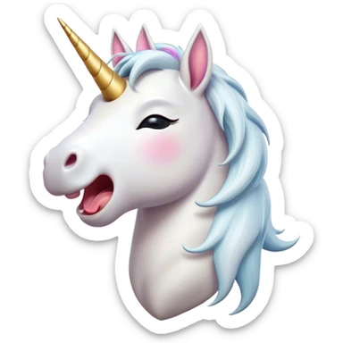 Cinematic Cute Yawning White Unicorn Portrait Emoji, Head tilted slightly with a dramatic, wide-open yawn, showcasing a softly elegant form with a gently cascading mane, a subtly glowing horn and sleepy, half-closed eyes, Simplified yet irresistibly adorable features, highly detailed, glowing with a soft, cozy magical glow, high shine, relaxed yet expressive, stylized with a dash of whimsical enchantment, soft glowing outline, capturing the essence of a drowsy yet affectionate white unicorn that appears ready to stretch and yawn its way out of the screen! sticker