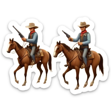 Icon for Western: A vintage movie poster-style design with cowboys on horseback, dusty desert landscape, and a setting sun. Include cowboy hats, revolvers, and an old saloon. The design should have bold typography and a retro cinematic feel. Transparent background. sticker
