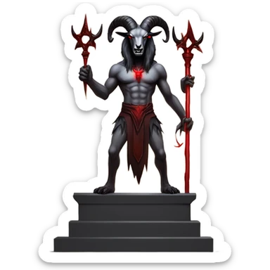 Evil Goatman male Devil sinister with red tipped horns standing with goat hind legs on pyramidal pillar  aura of darkness he is commanding sinister evil power sticker