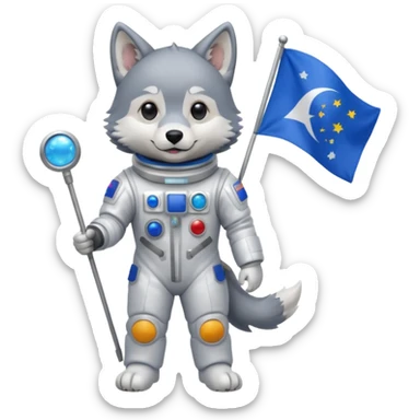 a wolf in space suit, holding blue rectangle flag, full body sticker