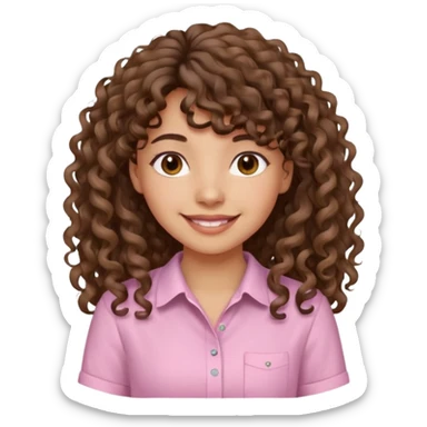 A Latina girl with brown eyes and long loose curly hair with curly bangs with a light pink shirt sticker