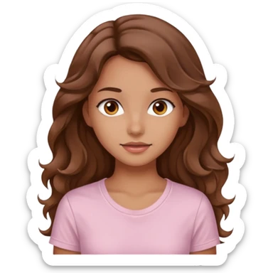 A pretty girl with tan skin and long brown wavy hair, wearing a very light pink basic shirt with brown eyes sticker