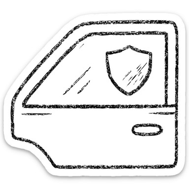 hand-drawn outlined icon of luxury car side window, dark gradient, small shield or blocked sunbeam, subtle shading, clean and modern sticker