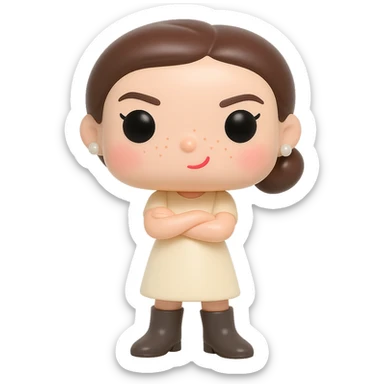 Create a Funko Pop style vinyl figure inspired by the reference image. The figure should have a feminine cream-colored dress, dark greige mid-calf Santiago boots, dark brown bob haircut tied back, small freshwater pearl earrings, rosy cheeks, light freckles, and a mischievous expression with arms crossed. No accessories except the earrings. Transparent background. sticker