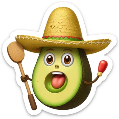 avocado popping up from guacamole wearing a sombrero with a mallet about to hit, whack-a-mole inspired, iOS emoji style sticker