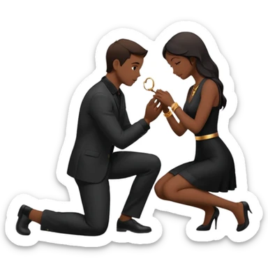 Silhouette of a man kneeling on one knee and offering a ring to a woman receiving it sticker