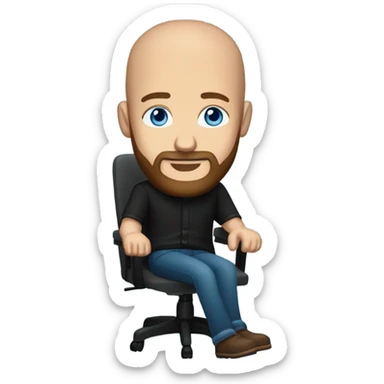 Bald, Caucasian, sky-blue-eyed, Psychotherapist in a modern colorful chair. He has a brown full beard and he’s Wearing a black dress shirt with a subtle pattern, blue jeans and black Chelsea boots with his legs separted leaning forward grey in goatee sticker