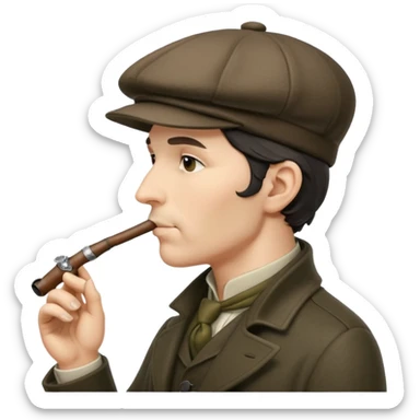 A side view of Sherlock Holmes wearing a deerstalker hat and smoking a meershaum pipe sticker