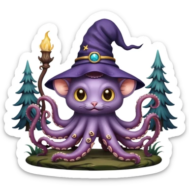 a cat that looks like a wizard that is half monster half octopus holding a rat looking super scary and mysterious with forest background nighttime sky sticker