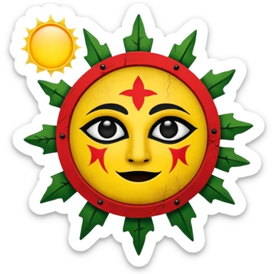 Medieval Banner with a white background, yellow sun in the foreground, and red beams on the sun, ad green edges to the banner and make the sun a s crudely drawn face in black sticker