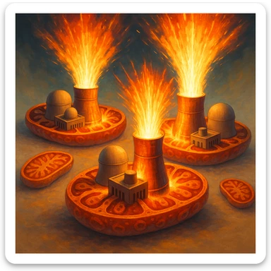 mitochondria depicted as nuclear power plants with domes and reactors, spectacular energy release, vivid colors, updated DALL·E 3 style, no extraneous elements, neutral background sticker