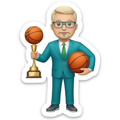 Full Body white middle aged male plus size wearing glasses with a goatee with light blonde and gray very short hair basketball head Coach in blue and green suit holding trophy sticker