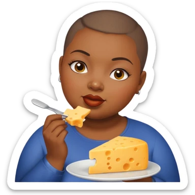 Black fat woman with buzz cut eating cheese sticker