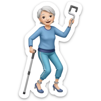 elderly woman with pants, grey hair, laughing and dancing th crutches                    and with a sorry look sticker
