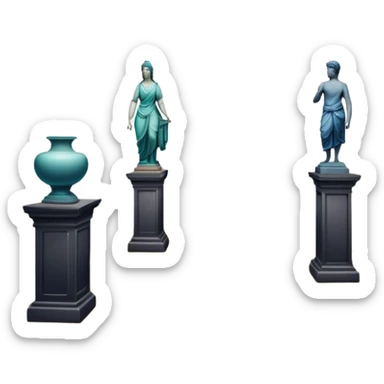 An icon featuring an elegant art gallery with classic paintings hanging on the walls, and sculptures displayed on pedestals. Visitors admire the exhibits, capturing the essence of culture, history, and art. Set against a transparent background. sticker