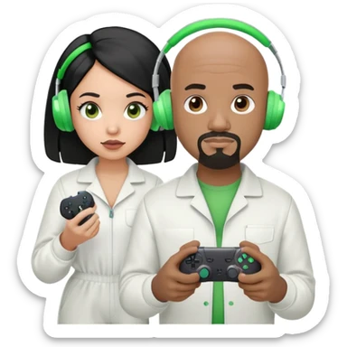 A bored, bald, black man with a goatee wearing a white jump suit, green headphones and holding a ps5 controller. mad, young, Hispanic woman with long black hair sticker