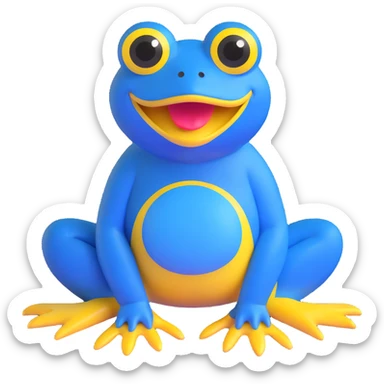blue frog, sitting pose, exaggerated yellow mouth, wide eyes, cute and silly, appealing to children, no accessories sticker