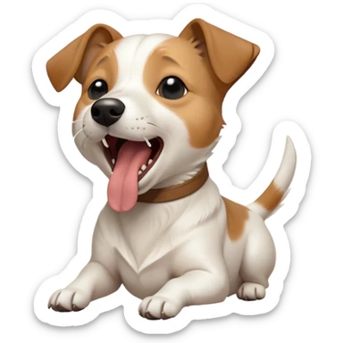 Cinematic Cute Yawning Jack Russell Terrier Portrait Emoji, Head tilted slightly with a dramatic, wide-open yawn, showcasing a compact, energetic form with floppy ears and sleepy, half-closed eyes, a slightly open mouth revealing gentle canine charm, Simplified yet irresistibly adorable features, highly detailed, glowing with a soft, cozy glow, high shine, relaxed yet expressive, stylized with a dash of whimsical canine ease, soft glowing outline, capturing the essence of a drowsy yet affectionate Jack Russell Terrier that appears ready to stretch out and yawn its way out of the screen! sticker