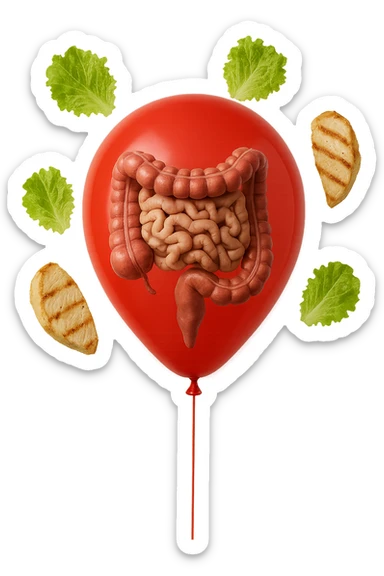 intestino anatomico realistico chiuso in un palloncino rosso e foglie di insalata e petto di pollo grigliato che fluttuano intorno sticker
