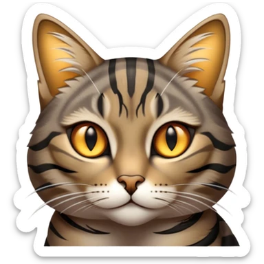 Cinematic Noble Grey and Black Brown Tabby Cat Portrait Emoji, Poised and regal, with sleek grey-brown fur featuring bold black tabby stripes and a distinct M-shaped marking on the forehead, bright amber eyes, Simplified yet sharp and sophisticated features, highly detailed, glowing with a soft, dignified glow, high shine, intelligent and graceful, stylized with an air of elegance, focused and attentive, soft glowing outline, capturing the essence of a watchful and refined feline, so majestic it feels as though it could glide across the screen with effortless confidence! sticker