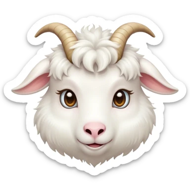 Cinematic Cute White Goat Portrait Emoji, Head tilted playfully and inquisitively, featuring a fluffy, immaculate white fur with charming curved horns, round, sparkling eyes filled with gentle curiosity, Simplified yet irresistibly adorable features, highly detailed, glowing with a warm, friendly glow, high shine, affectionate and lively, stylized with a touch of whimsical charm, bright and endearing, soft glowing outline, capturing the essence of a mischievous yet loving goat, so playful it feels like it could trot out of the screen and into your arms! sticker