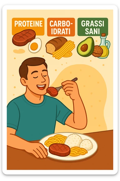 uomo che fa alimentazione attraverso i giusti macronutrienti. Scritte in ITALIANO sticker