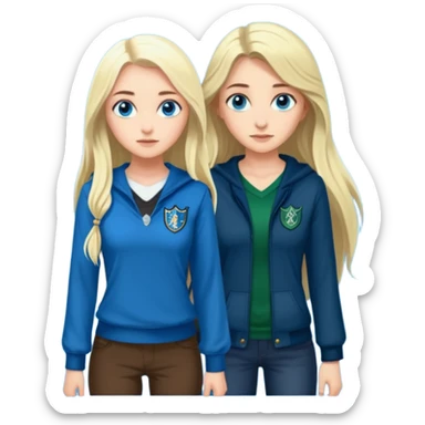 a pretty ravenclaw girl with long dark brown hair and blue eyes standing with a hot Slytherin girl with long blonde hair, blue eyes and big boobs  sticker