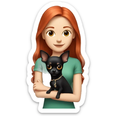 White girl with red hair holding black chihuahua  sticker