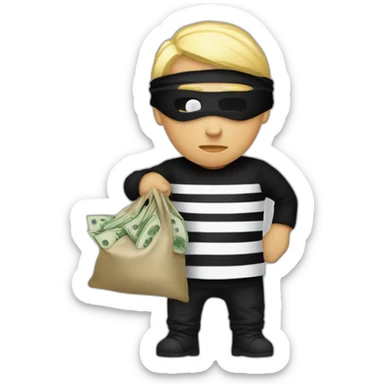 robber with blonde hair wearing a black beanie and a long sleeved white and black horizontally striped t-shirt and wearing black eye mask and holding a bag of money in their left shoulder sticker