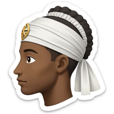 Fond : blanc uni. 	•	Symbole central : une tête de Maure (un homme noir) de profil, tournée vers la gauche (héraldique), avec : 	•	Un bandeau blanc ou serre-tête noué autour du front, 	•	Les traits du visage bien visibles (nez, lèvres, oreille), sticker