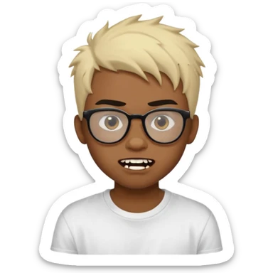 Black Male Teenager with Short punk messy blonde hair, Dark brown bushy eyebrows large expressive golden-brown eyes, wearing a plain white t-shirt, wearing thick black glasses, Dark Brown skin color. Showing off his singular vampire tooth sticker