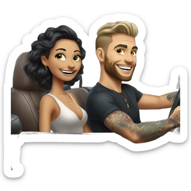 Hyper Realistic beautiful woman and a handsome tattooed man laughing while driving in a fancy car sticker
