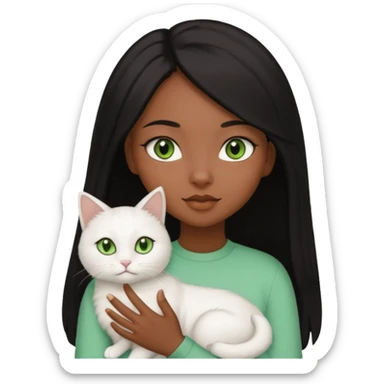 black girl with brown eyes with straight long black hair with a side part.  holding a female white cat with green eyes sticker