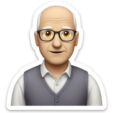old bald white man with glasses, no moustache, slightly plum, wearing a plain grey shirt sticker