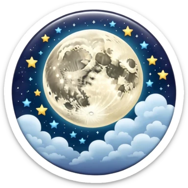 A round galactic colored button with a damask style full moon, stars, and clouds in the center sticker