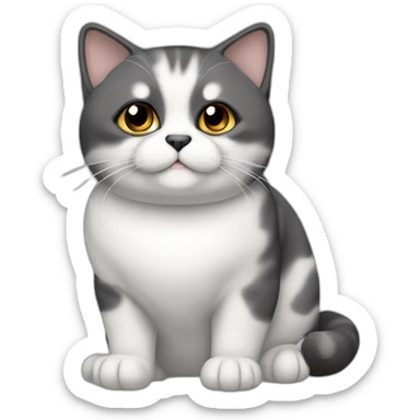 senior chubby diluted calico cat, white chin, black nose, grey ears, grey and white sticker