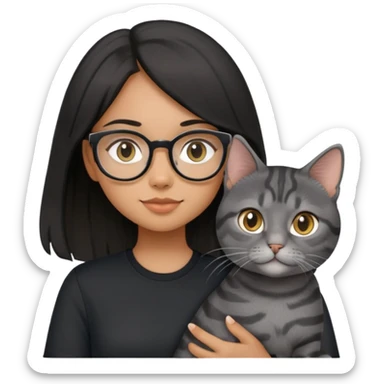 Black long haired girl with eyeglasses wearing black shirt holding a grey American shorthair cat sticker