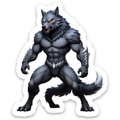 cinematic-noble-fierce-werewolf-full body-emoji, poised-and-imposing, with a tall, slender yet muscular frame inspired by the brutal, imposing shape of the beast from Berserk, fur rippling in shades of midnight black and silver, eyes glowing with an intense, primal ferocity, reflecting the untamed power of the wild moonlit night; rendered with realism sticker