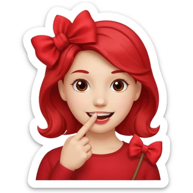 Emoji qui sourire avec le doigt dans la bouche et un noeud dans les cheveux sticker