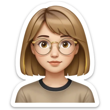 young adult woman with light skin, friendly and serene expression, round face with prominent cheeks, light brown hair with golden highlights, voluminous and straight with slight waves, long bangs over eyebrows, large octagonal glasses with thin golden or light pink frame, casual dark shirt sticker