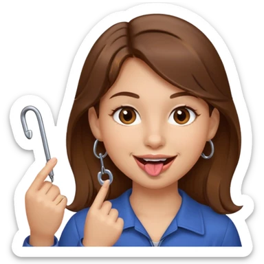 Emoji Fille cheveux long et brun yeux brun et que elle mette un doigt dans sa bouche qui forme un crochet et que elle fait un sourire  sticker